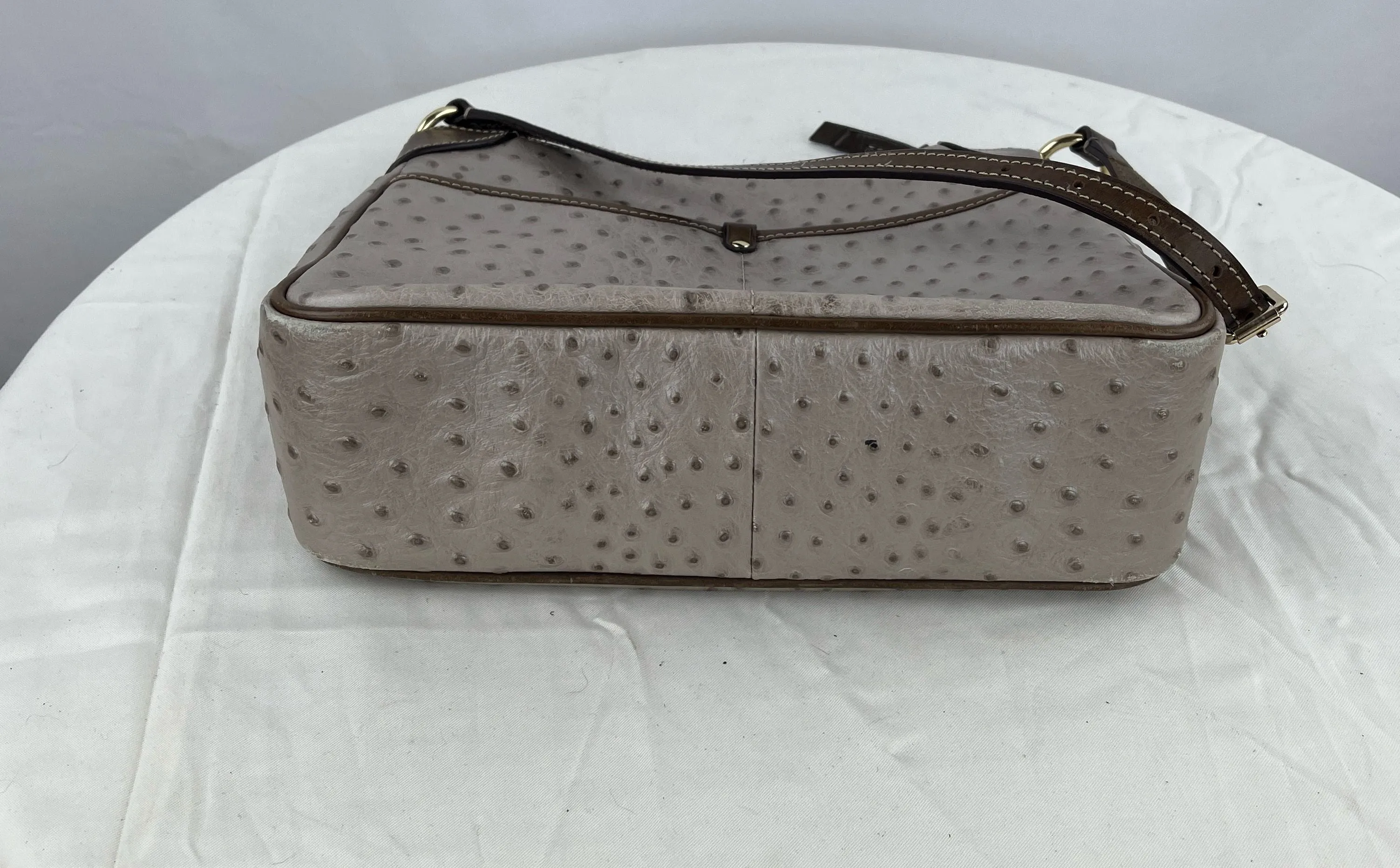 Dooney & Bourke Women's Tan Ostrich Print Leather Brown Trim Shoulder Bag Purse