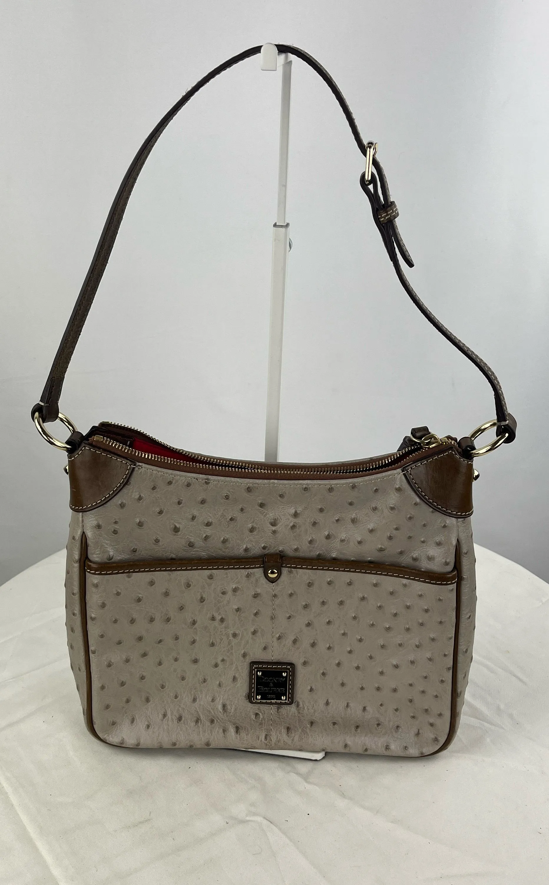 Dooney & Bourke Women's Tan Ostrich Print Leather Brown Trim Shoulder Bag Purse