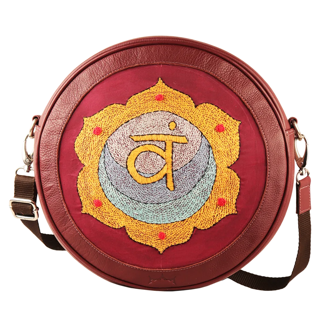 Genuine Leather Handcrafted Kantha Circle Sling Bag Women Maroon