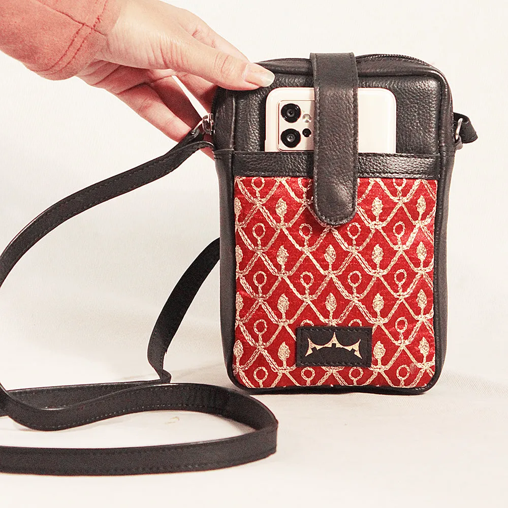 Leather & Zari Mobile Sling - Rose Red & Black