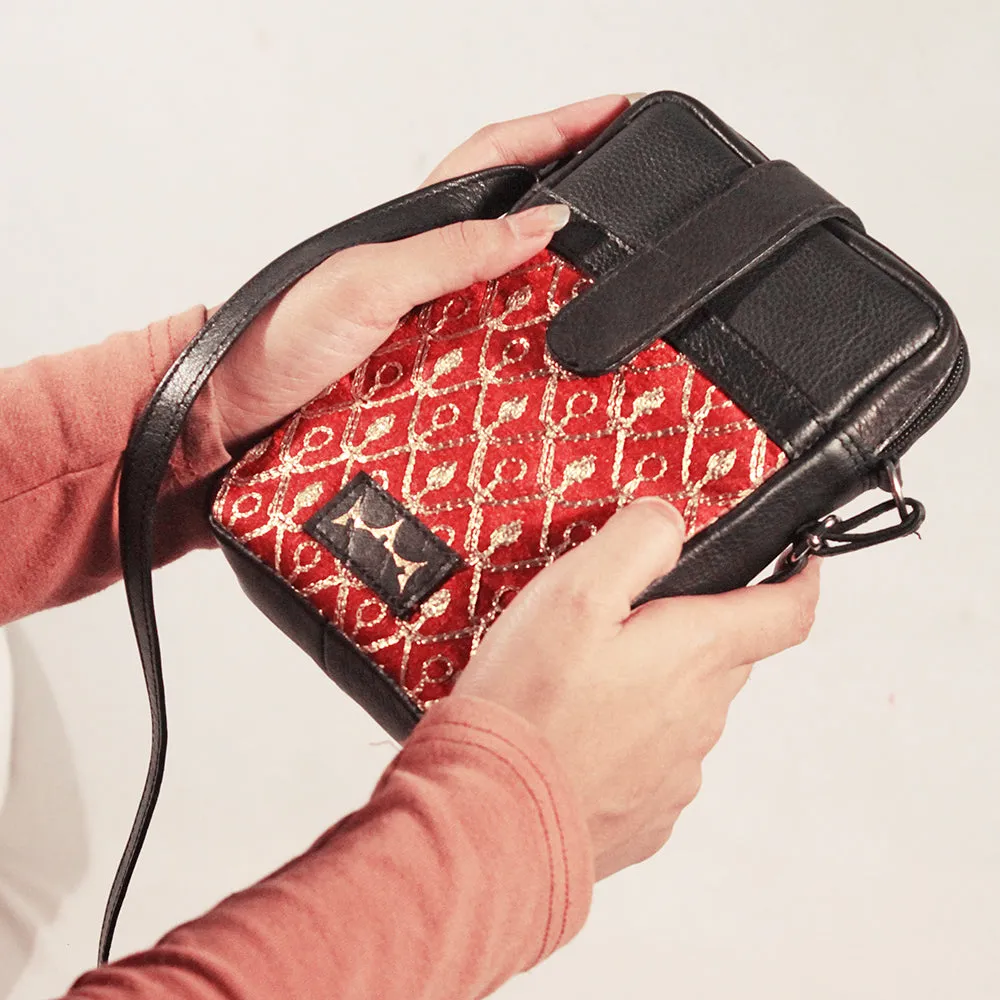Leather & Zari Mobile Sling - Rose Red & Black