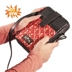 Leather & Zari Mobile Sling - Rose Red & Black