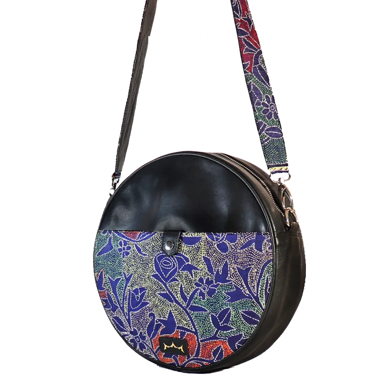 Leather Embroidery Handcrafted Circle Sling Bag Women Black