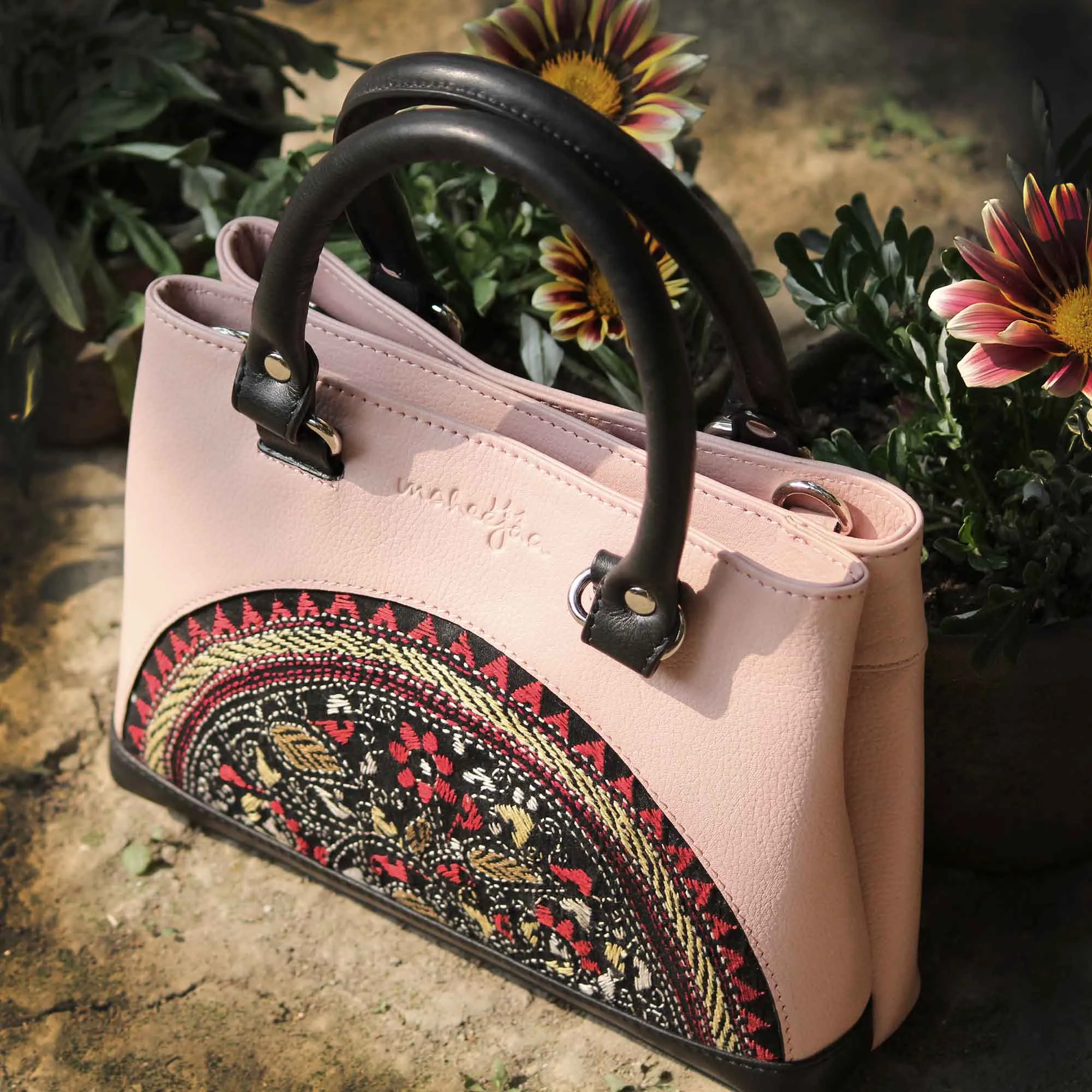 Leather Embroidery Mini Bag with Sling - Baby Pink