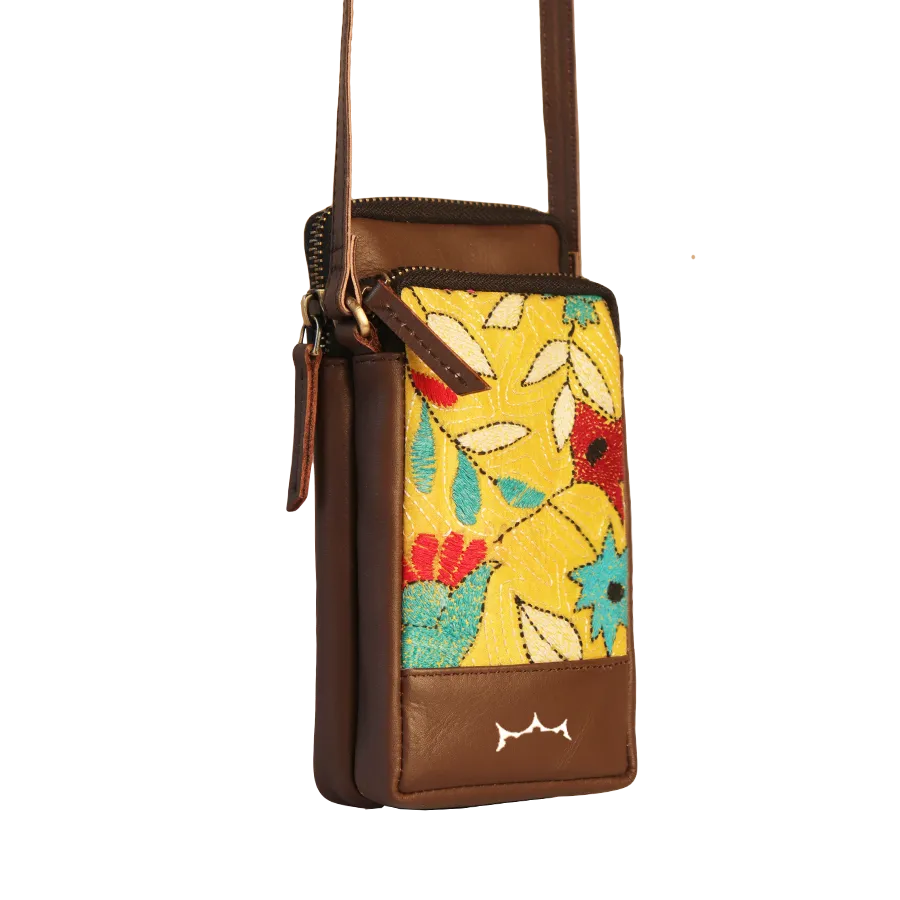 Leather Embroidery Mobile Sling - Brown