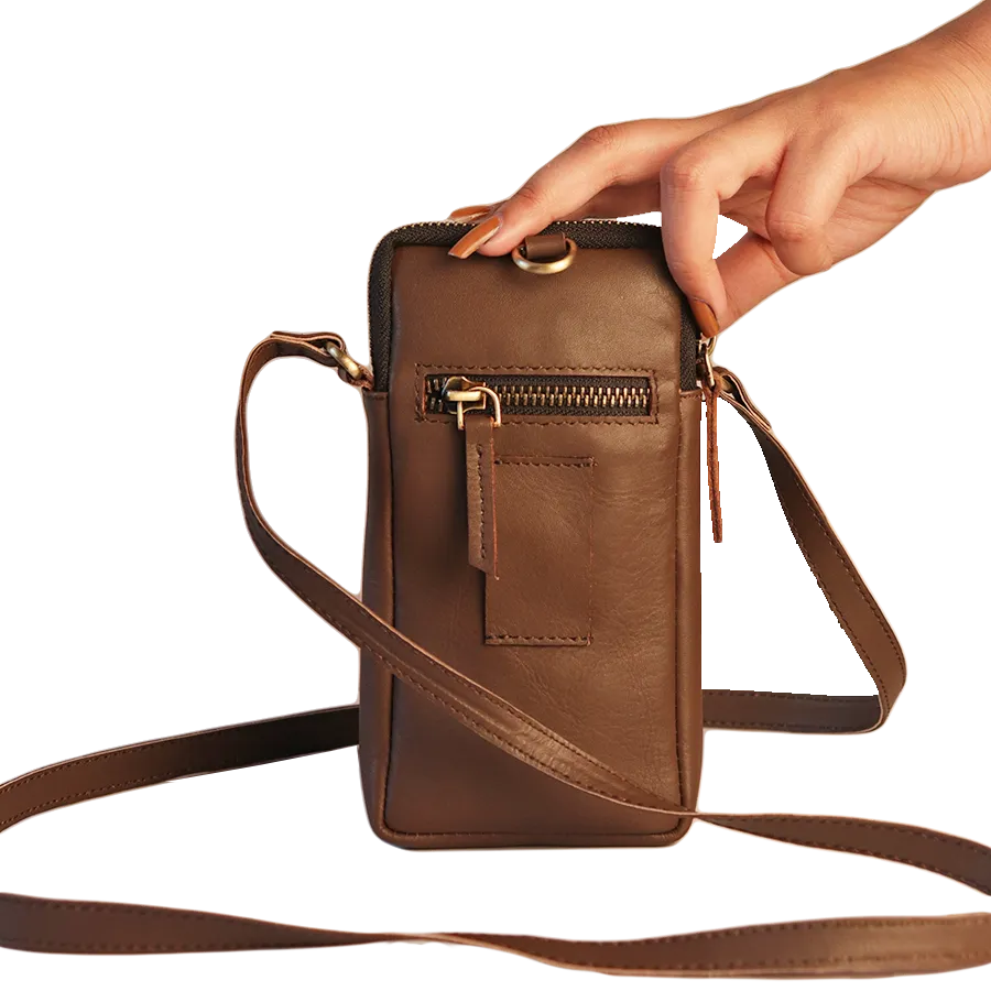 Leather Embroidery Mobile Sling - Brown