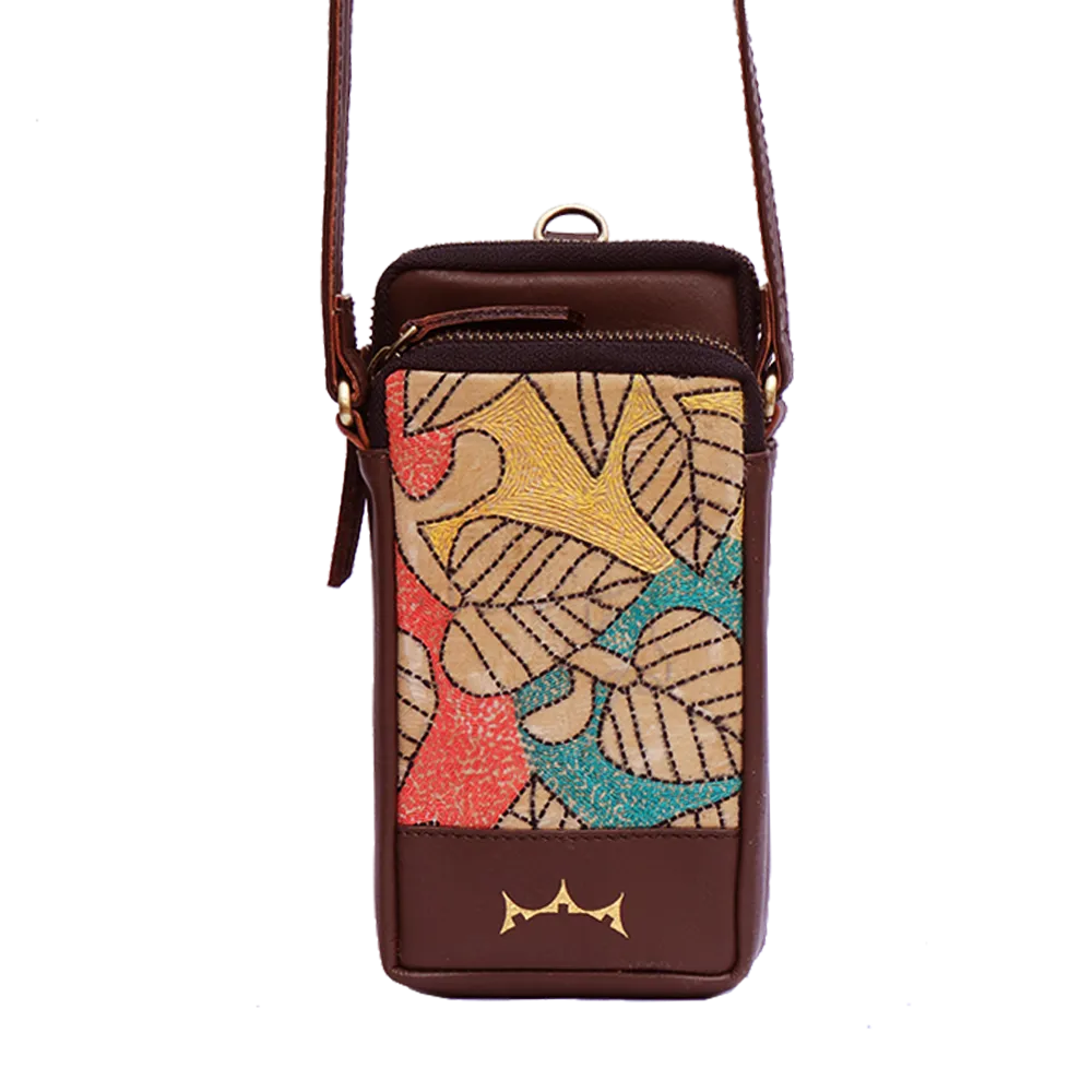 Leather Embroidery Mobile Sling - Brown