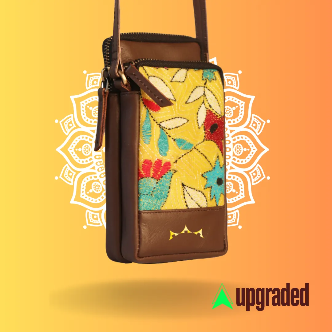 Leather Embroidery Mobile Sling - Brown