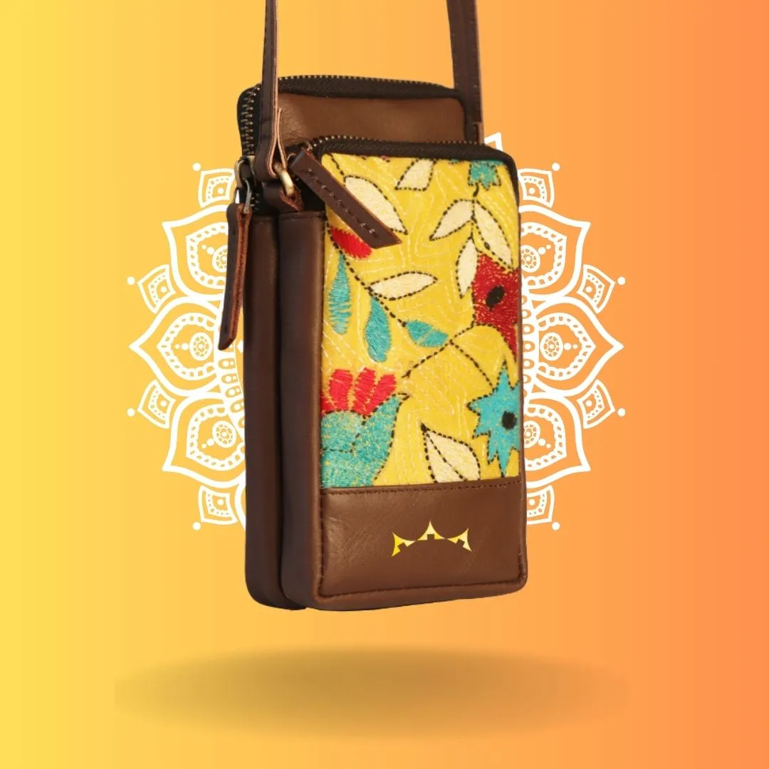 Leather Embroidery Mobile Sling - Brown