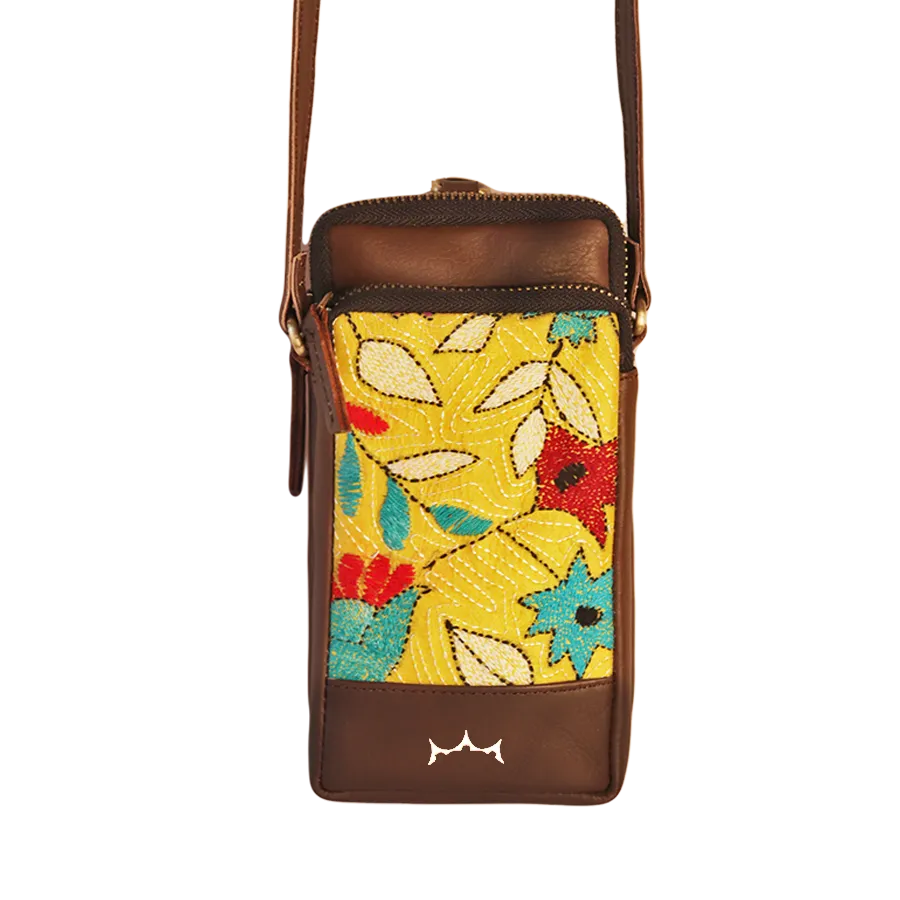 Leather Embroidery Mobile Sling - Brown