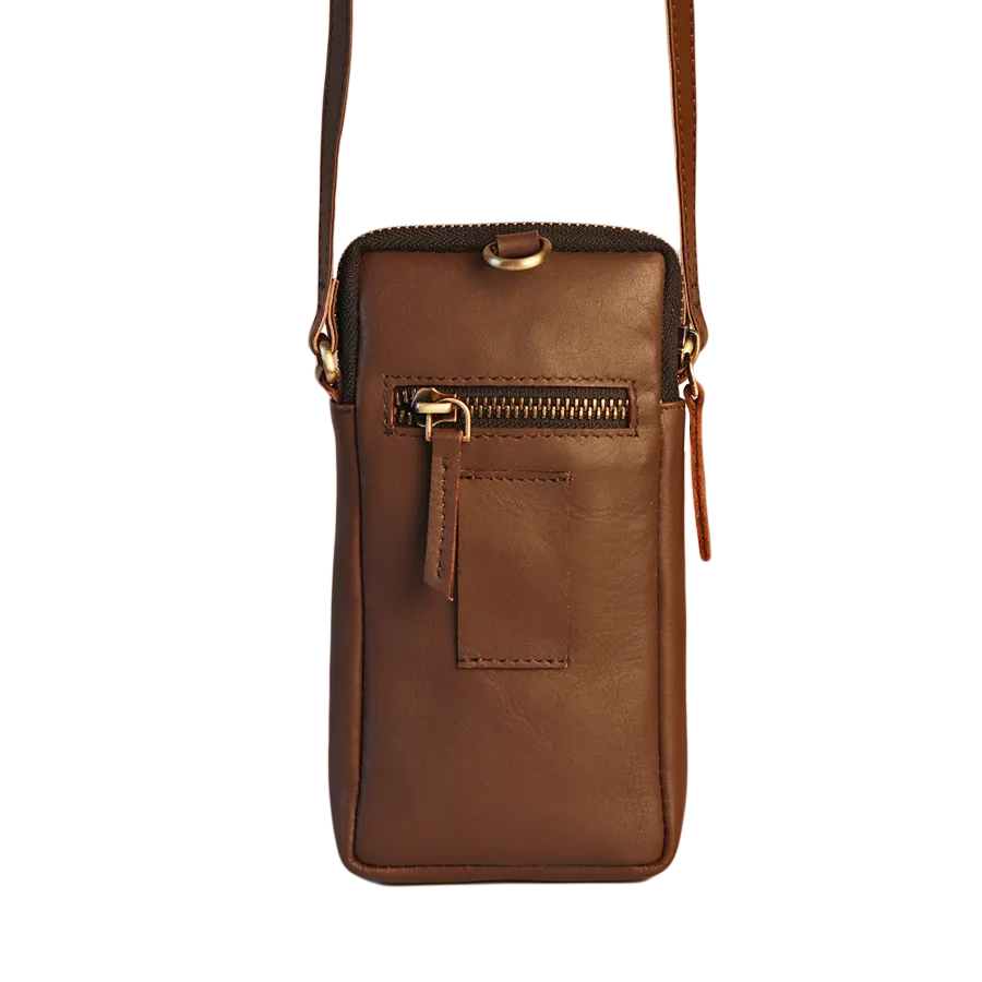 Leather Embroidery Mobile Sling - Brown