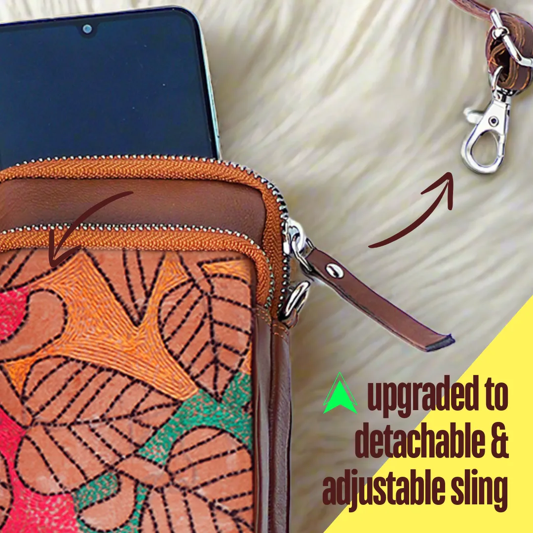 Leather Embroidery Mobile Sling - Brown