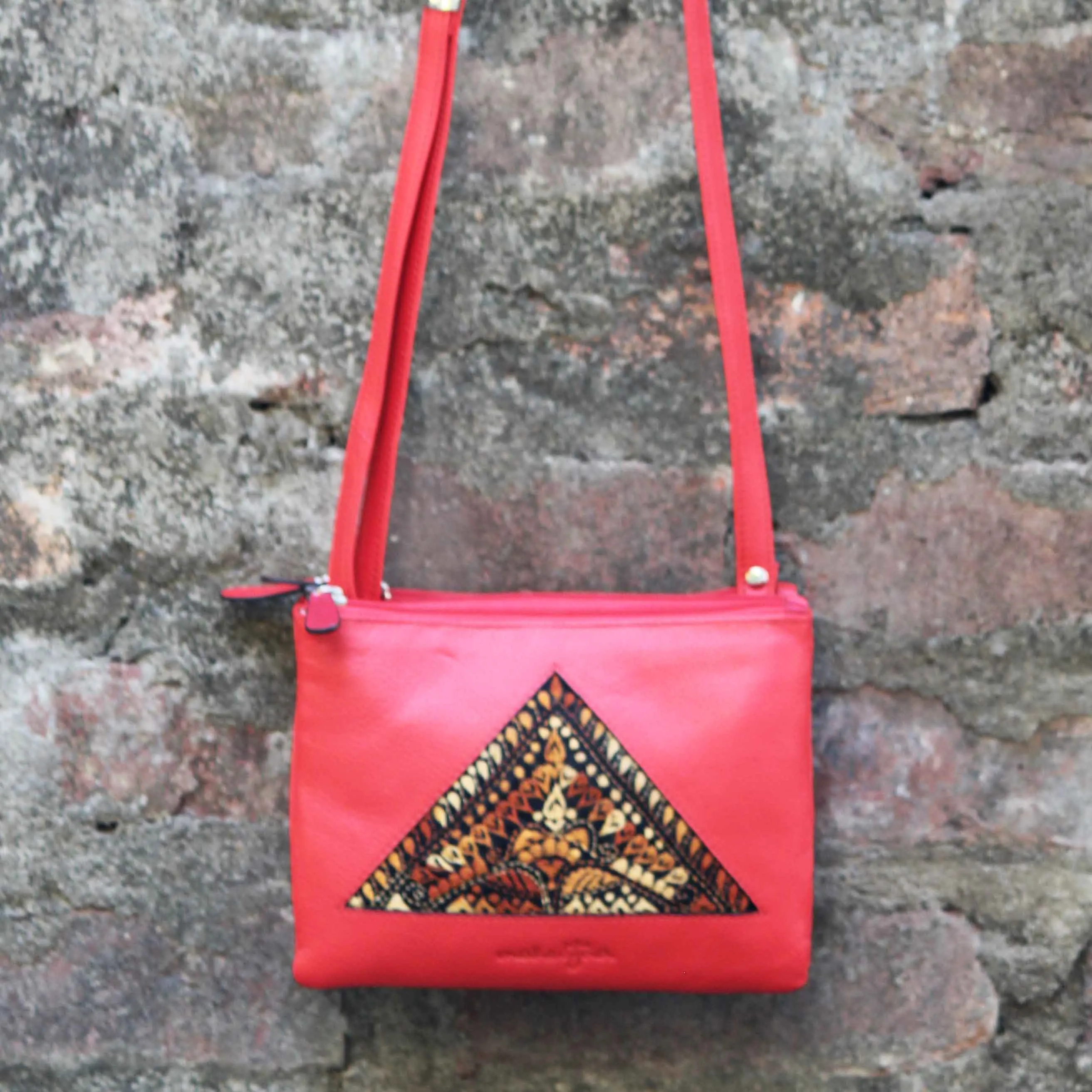 Leather Embroidery Red Sling - Triple Pouch