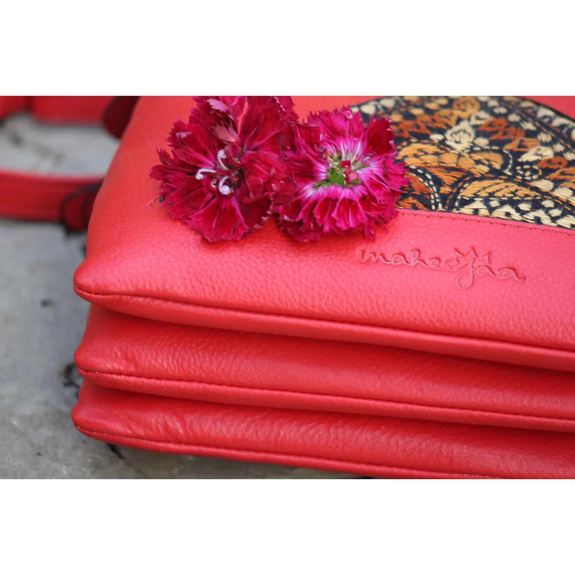 Leather Embroidery Red Sling - Triple Pouch