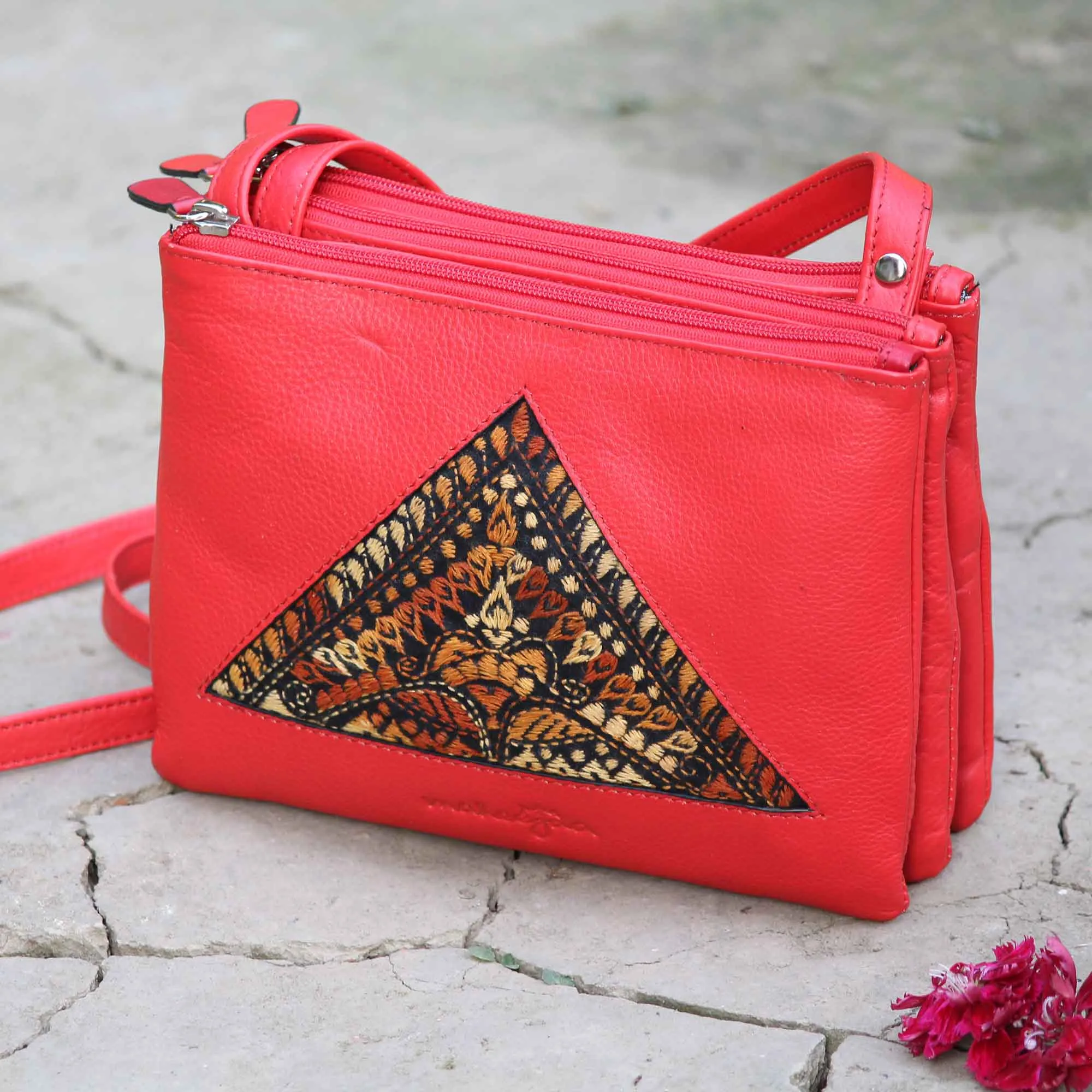 Leather Embroidery Red Sling - Triple Pouch