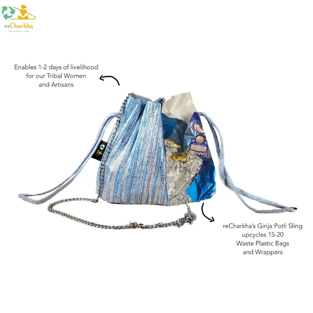 Shimmery Silver and Pink Striped Upcycled Handwoven Potli Sling (PS0824-002) MS_W