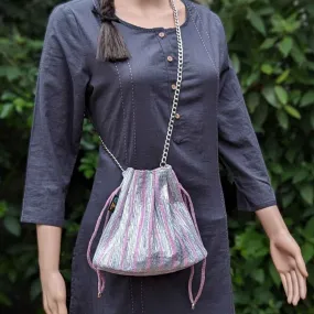 Shimmery Silver and Pink Striped Upcycled Handwoven Potli Sling (PS0824-002) MS_W