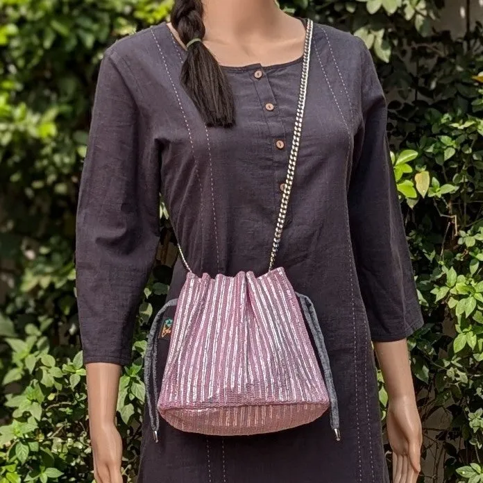 Shimmery Silver Pink Striped Upcycled Handwoven Potli Sling (PS1224-009) PS_W